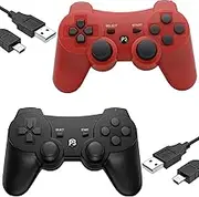 Eagolloar Wireless Controller 2 Pack for PS3, Dual Analog Bluetooth Rechargeable Game Controller for PS3 with Charging Cable,Dual Vibration- Red and Black