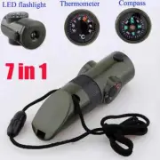 New 7 in 1 Camping Survival Whistle Compass Thermometer Flashlight Magnifier