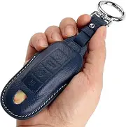 Leather Key Fob Cover，with Keychain Key Shell Case Compatible with Porsche Panamera, Macan, Cayenne, 911, 718（3-Button）