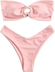 [ZAFUL] Women's Tie Dye Ribbed O Ring Lace Up Tie Side Bandeau Bikini Set Swimsuit