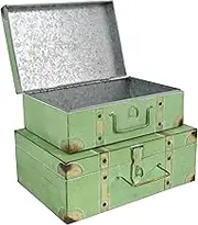 Z² BellaDecor Vintage Metal Storage Trunks - Set of 2, Decorative Antique Suitcase Boxes with Hinged Lids, Vintage Suitcases for Keepsakes and Home Decor, Green