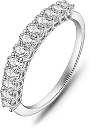 Moissanite Cottage 7 Stones Moissanite Anniversary Rings for Women, 0.7 Carat Round Cut Diamond 18K White Gold Plated 925 Sterling Silver Half Eternity Wedding Bands Stackable Ring