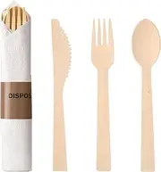 50Pack Bamboo Cutlery Set with Pre-Rolled Napkins - 6.7" 50 Forks 50 Spoons 50 Knives 50 Napkins Individually Wrapped Compostable Flatware Disposable for Camping/Travel/Wedding/Party