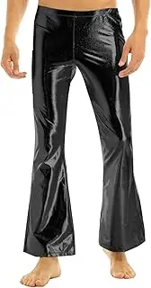 [Lejafay] Mens Shiny Metallic Elastic Soft 70's Disco Costume Flared Trousers Bell Bottoms Long Pants