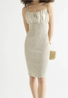 NWT J. Crew 100% Linen Smocked Shirred Spaghetti Strap Flax Dress Midi Size 4