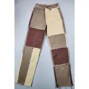 Patchwork Jeans High Waist Fringe Pants Womens Size 0 Chocolate