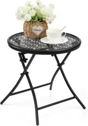 Folding Outdoor Side Table, round Metal Nightstand, Small Patio Table, Black