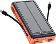 Solar Charger Power Bank, 20000mAh Portable Phone Charger Built-in 2 Output Cable with USB C in/Output, PD20W QC 3.0 Fast Charging and Flashlight for iPhone Samsung Huawei Google etc (Orange)