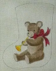 Hand-Painted Tiny 6.25" CHRISTMAS STOCKING BEAR & HORN Needlepoint Canvas