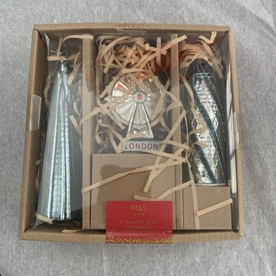 Marks & Spencer 3 Glass Novelty Christmas Ornaments London Eye Shard Gherkin M&S