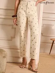 Love & Roses Ecru With Gold Shell Embroidery Crop Straight Leg Jeans With Patch Pocket (AK2246) | $125