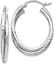 [JewelryWeb] 14k White Gold Hollow tube Hinged post Sparkle Cut Polished Oval Hoop Earrings 17x5mm Wide-Hoop Earring for Women