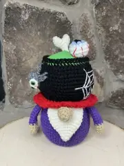 10” Crochet Gnome Halloween Witch Cauldron Spider Eyeball Handmade