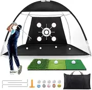 Golf Practice Net Set, 3 x 2.1m, with Training Mat, Targets and Balls, Black