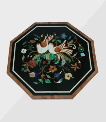 13" black marble side center table top inlay multi stone bird malachite decor