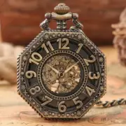 Octagon Shaped Bronze Mechanical Hand Wind Pocket Watch Hollow Arabic Numerals