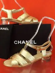 NIB CHANEL G30585 GOLD SHIMMER SUEDE STRAPPY CC LOGO LUCITE HEEL SANDALS 36.5