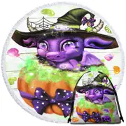 Witchy Halloween Lil Dragon Round Beach Towel