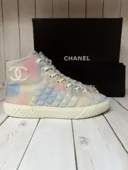 CHANEL Printed Fabric Quilted High Top Sneakers Green Pink Blue Sz 39 / 9