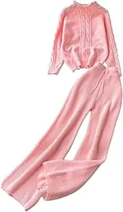 [Generic] Women's 2PC Set Knit Tracksuit Solid Mock Neck Long Sleeves Pullover Tops Drawstring Wide Leg Pant Jogging Lounge Set