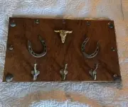 Brown Cowhide Wall Coat Rack 3 Metal Double Hooks for Key Hat Towel