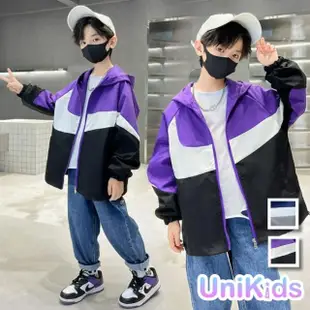 【UniKids】中大童裝長袖風衣 韓版撞色衝鋒衣夾克連帽外套 男大童裝 VPXY-2430(灰 紫)