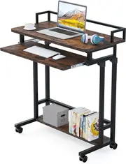 Tribesigns Small Portable Desk Adjustable Laptop Table Small Standing Desk Rolling Computer Cart with Keyboard Tray on Wheels (brown)