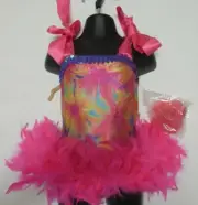 Print foiled Dance costume ribbon straps XSc 2-4 girls feather skirt sequintrim