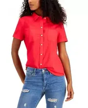 Tommy Hilfiger Cotton Button-Front Top Short Sleeve Women's Size M Camp Red
