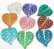 20 Mixed Color Flatback Resin Glitter Heart Leaves Rhinestone Cabochons 38X33mm