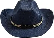 [CUAWBAPF] Classical Straw Western Cowboy Hats for Men Wide Brim Retro Bull Head Decoration Jazz Hat Curling Brim Beach Sun Hats