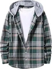 [Generic] Mens Big and Tall Tee Shirts Men Autumn and Winter Casual Shirt Plaid Print Hooded Collar Long Sleeve Shirt Blouse Vertical Striped Shirt Men