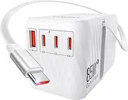 LENCENT 85W Universal Travel Adapter with Retractable USB C Cable, GaN International Power Adapter with 3 Type C &1 USB A Ports Fast Charging, Worldwide Plug Adapter for AU to EU Japan US UK Bali