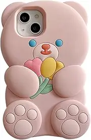 YAKVOOK Kawaii Phone Cases Apply to iPhone 6 Plus/7 Plus/8 Plus,Cute Cartoon Bear Phone Case with Flower Teddy Bear Pink Phone Case 3D Case Soft Silicone Shockproof Cover for Women Girls