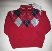 HARTSTRINGS NEW Argyle Red Navy Christmas Zip Pullover Sweater Boys Sz 2 2T NWT