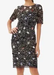 AIDAN Mattox Beaded Floral Illusion Sheath Cocktail Prom Homecoming Dress Black
