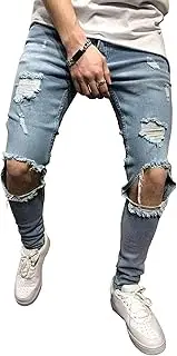 [Zylphorix] Men Stretch Mid Waist Ripped Denim Pant Casual Street Pencil Jeans with Holes Y2K Classic Skinny Motorbike Trousers, Light Blue, Large