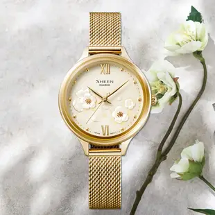 CASIO 卡西歐 SHEEN 冬季花卉 優雅時尚米蘭帶石英女錶 SHE-4551GM-9A