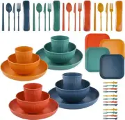 Dinnerware Plates Bowls Dishes 48pcs Wheat Straw Sets Unbreakable Plastic People