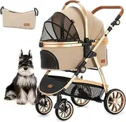 Kenyone Dog Stroller, Premium Pet Stroller for Small Medium Dogs Cats with Adjustable Handle, Storage Basket, Lightweight Foldable Travel Pet Carrier, Zipperless/Waterproof, Load Capacity 60lbs, Khaki