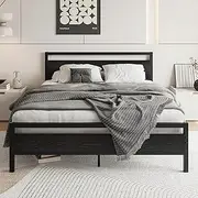 VERFARM Queen Size Bed Frames with Black Wood Headboard and Footboard,Heavy Duty Metal Platform Bed Frame Queen Size,No Box Spring Needed,Mattress Foundation/Sturdy and Stable/Noise Free,Black