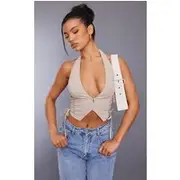 Stone Cargo Lace Up Side Zip Up Crop Top, Stone