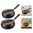Iron Wok Pan No Coating with Lid and Wood Handle Cookware Household Nonstick