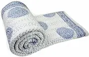 Crafts Creation Queen Size Kantha Quilt Indian Kantha Quilt White Cotton Blanket Handmade Bedspread Hand Block Print 100% Cotton Bedspread Blanket Throw (Queen)