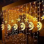 Ramadan Decorations for Home, 138 LED Upgraded Extra Large Star Moon Curtain Lights for Kids Bedroom Decor, Battery & USB Powered LED Fairy Lights for Ramadan Window Wedding Christmas Decor
