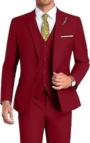 [Mrbuerly] Men Suit 3 Pieces Slim Fit, Groomsmen Business Jacket Vest Pant with Tie 2 Buttons Prom Tuxedo Xs/3630, Red, 6X-Large
