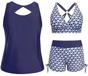 [Holipick] Women Plus Size Tankini Swimsuits 3 Piece Tummy Control Bathing Suits with Boy Shorts Tank Top with Sports Bra, Navy Blue, 20 Plus