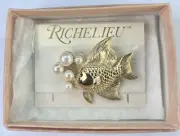 Vintage Richelieu Gold Tone Fish Pin w/ Faux Pearl Bubbles ~ New in Box