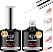 Modelones 9 in One Gel Nail Glue Brush On Nail Glue for tips 30ml Total, Rhinestones, Base Coat, Blooming Art Gel Kit for Acrylic tips U V Lamp Needed 2Pcs