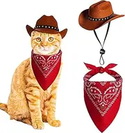 Dog Cowboy Hat and Bandana Scarf Costume Set - Pet Cosplay Cap for Puppies and Cats - Western Style Accessory, Brown
